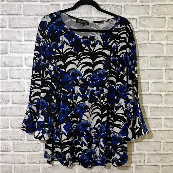 Context Tops - Context by Lord & Taylor flare 3/4 sleeve Blue white, black floral size 3XL